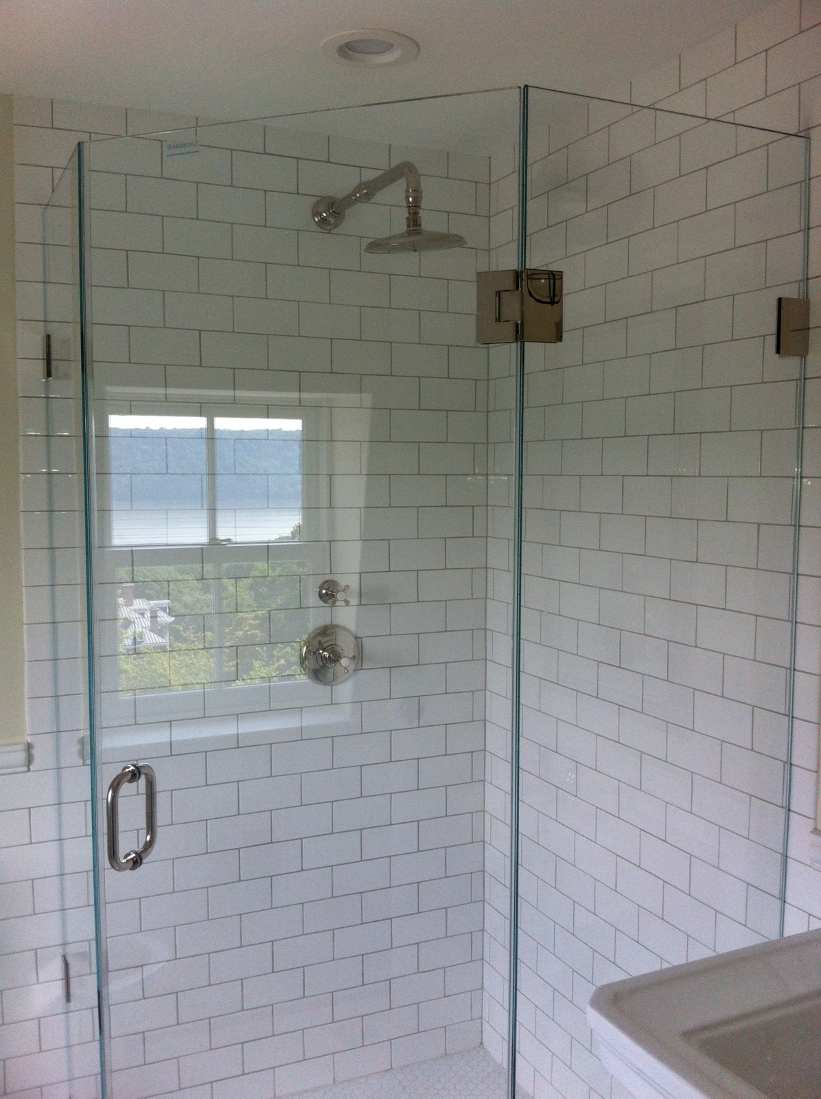 Angled frameless, glass shower doors